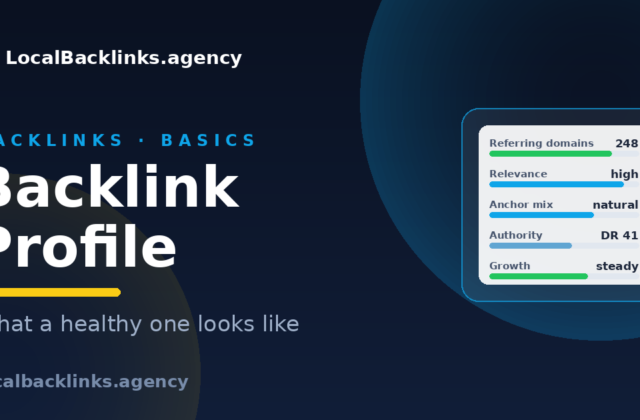 A healthy backlink profile dashboard with referring domains, relevance and anchor mix